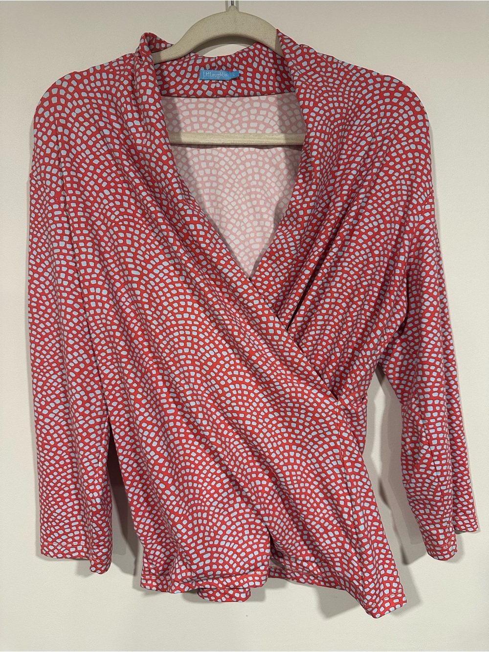 J McLaughlin Catalina Cloth Wrap Top Womens Sz Large Pink Blue Knit
